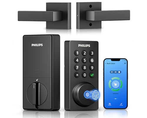 Philips WiFi Deadbolt Smart Lock with Handle, APP/Voice/Fingerprint/Passcode/Key Unlock, Smart Locks for Front Door with Handle Set, Backlit Keypad Deadbolt, Keyless Entry, Remote Control, Auto-Lock
