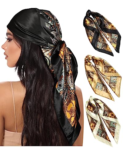 AWAYTR 35?? Large Square Satin Head Scarf - 3Pcs Satin Hair Scarves Silk Bandana Scarf Headscarf Silk Feeling Scarf for Women