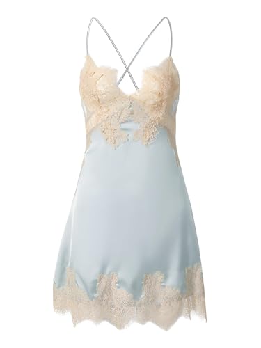 Lilosy Sexy Silk Lace Up Backless Satin Applique Floral Lace Babydoll Lingerie Dress with Tong 2 Piece