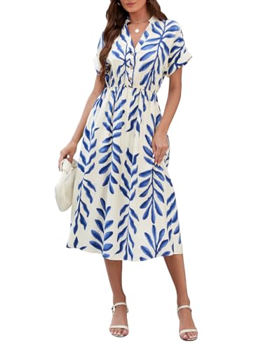 SEAFORM Women's Casual Long Dress V-Neck Retro Floral Print Dresses Elegant Long Fitted Dress for Women with Flowy Hemlines