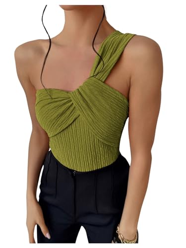 OYOANGLE Women's Textured One Shoulder Twist Front Ruched Bodysuit Sleeveless Tank Top Body Suits