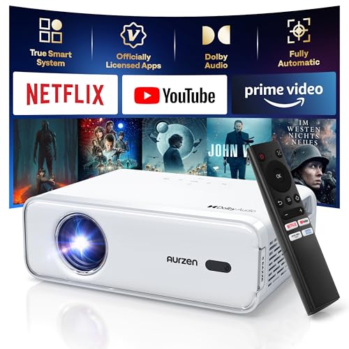 Aurzen EAZZE D1 Smart Projector with WiFi and Bluetooth, Netflix-Officially-Licensed, Auto Focus & Keystone, DoIby Audio, Zoom, Native 1080P Movie, Portable Outdoor Mini Projector, White