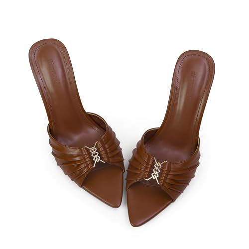 iiimmu 3.5 IN Stiletto Mules High Heels with Pointed Peep Toe Heeled Sandals Faux Leather