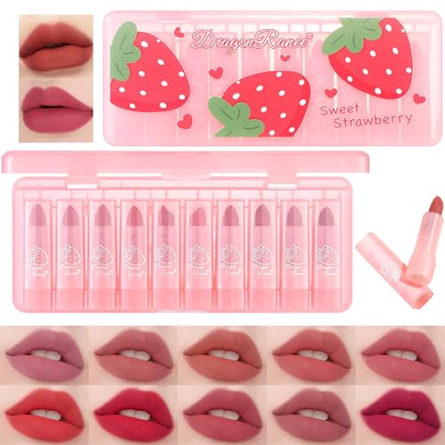10 Pcs Lip Tint Set Cute Glossy Lip Stains and Matte Lipsticks with Long-lasting and Quick-drying Mini Lip Gloss Lipstick for Makeup Gift (Strawberry, Lipstick)