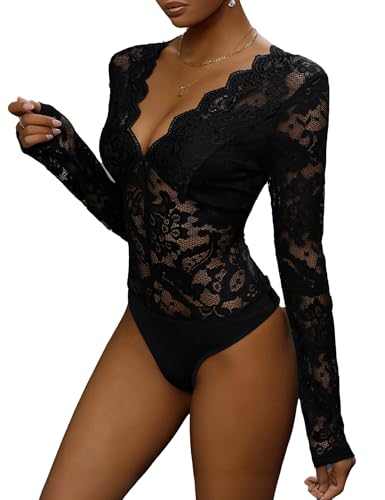 Everbellus Sexy Lace Body Suits for Women Long Sleeve Deep V Lingerie Top Date Night Clubwear