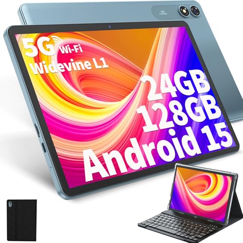 Android Tablet with Keyboard, Android 15 Tablet 10 inch with 24GB+128GB, 1TB Expand, 8-Core, 8000mAh, 5G WiFi, Widevine L1, GMS, with Case, Keyboard, Mouse, Stylus(Black)