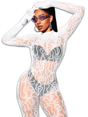 Women Sexy Fishnet Full Bodysuit, Mesh Lace Poster Jumpsuit Glow Party Rave Outfits, Body Stockings Halloween Costume