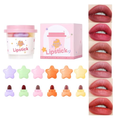 AKARY 6 Colors Mini Lipstick Set, High Pigment Stars Candy Matte Multicolor Red Lips Velvety Soft Lip Stick Waterproof Long Lasting Cute Capsule Lip Gloss, Non-Stick Cup Lip Makeup Gift Set for Women 