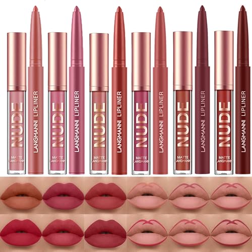 LANGMANNI 6 Matte Lipstick with 6 Lipliners Durable Makeup Set,Long-Lasting Non-Stick Cup Not Fade Waterproof Pigmented Velvet Lipgloss Kit Beauty Cosmetics Makeup Gift for Girls (#A)