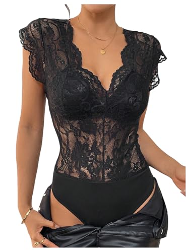 MakeMeChic Women's Floral Lace Sheer Bodysuit Deep V Neck Cap Sleeve Scallop Leotard Tops